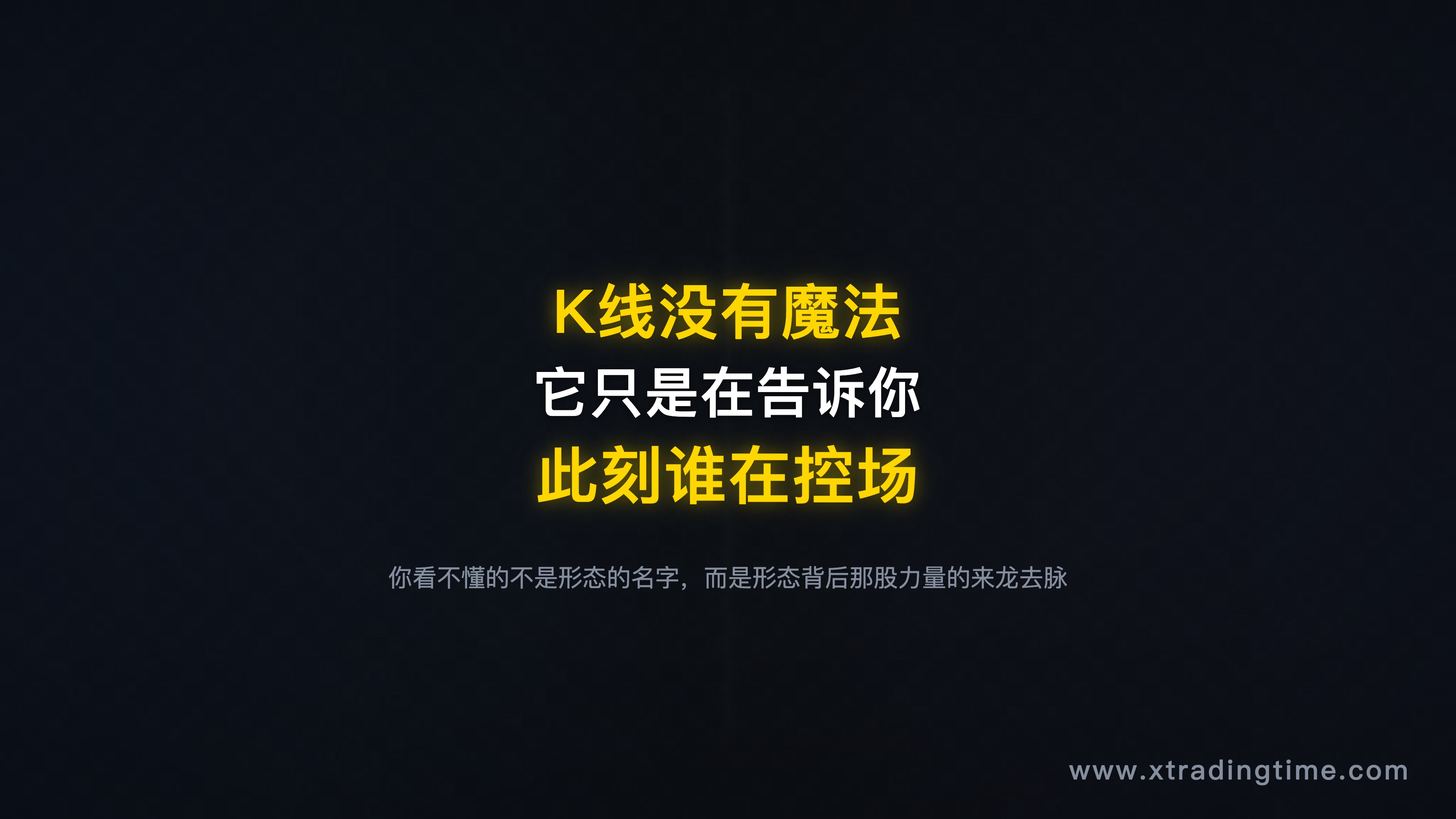 粗体开篇配图——黑底金字大字报风格,"K线没有魔法,它只是在告诉你此刻谁在控场"