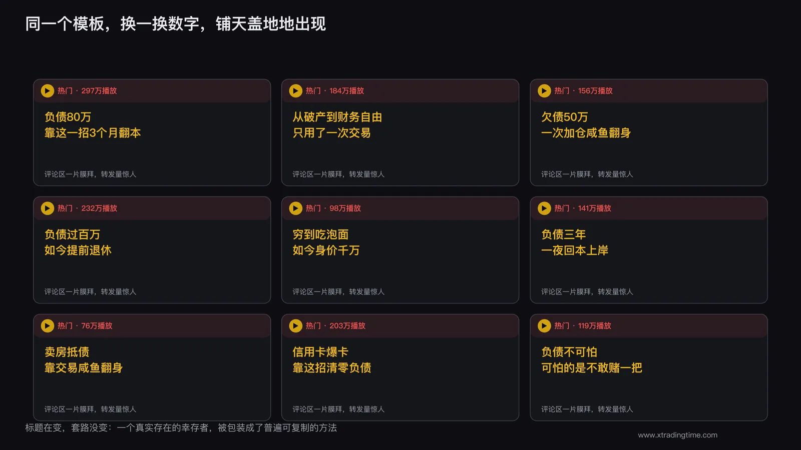 社交媒体上大量相似的翻身逆袭标题截图拼贴