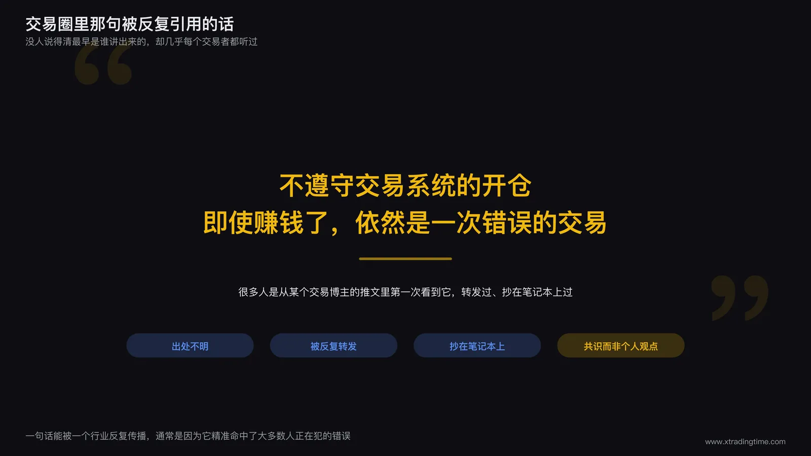 交易圈流传的格言配文示意图:深色背景中央大字呈现引文,下方标注类似出处不明但被广泛引用的小字说明