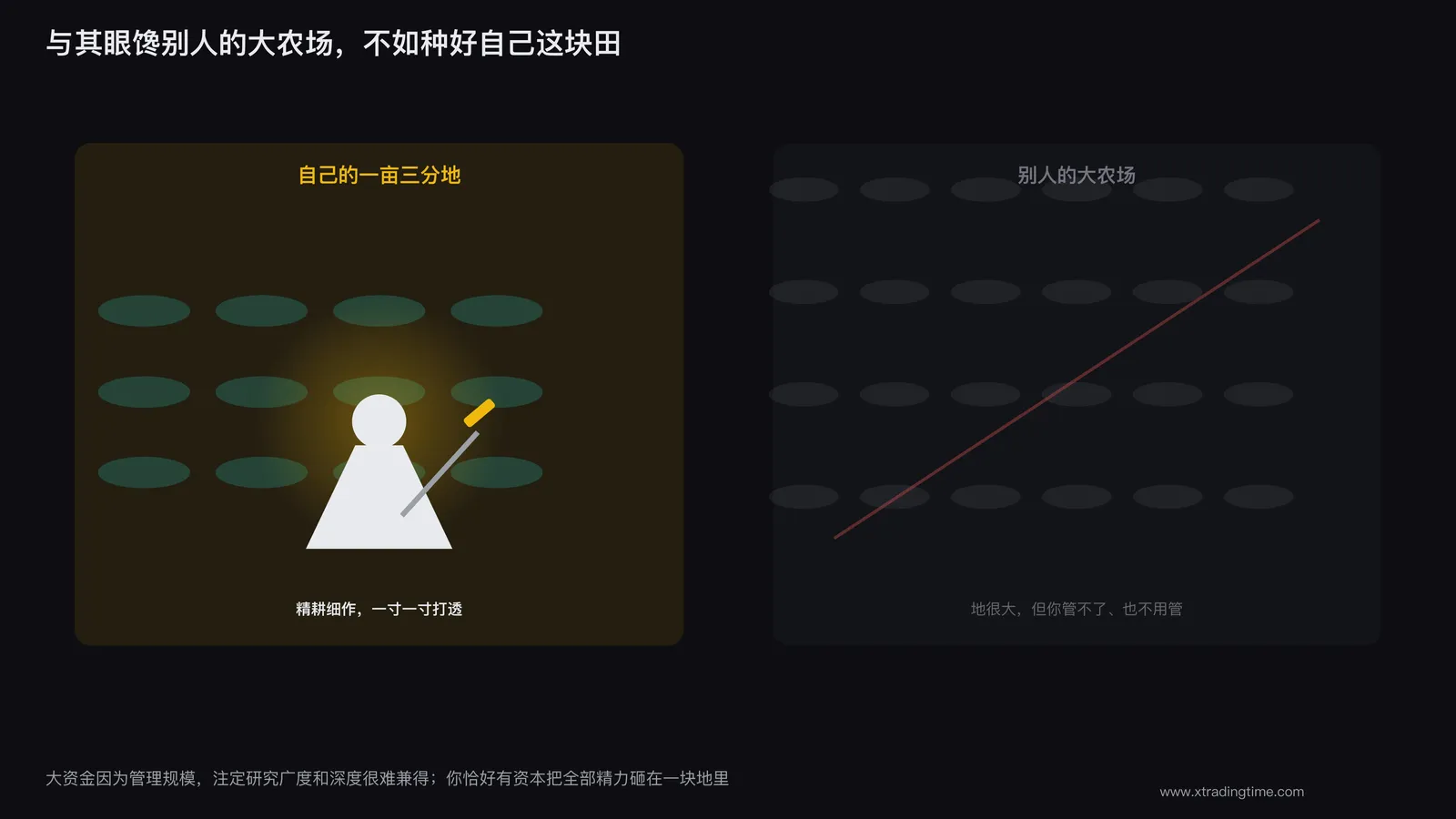 一个人专注地在一块小田地上耕种,而不是想着别人的大农场