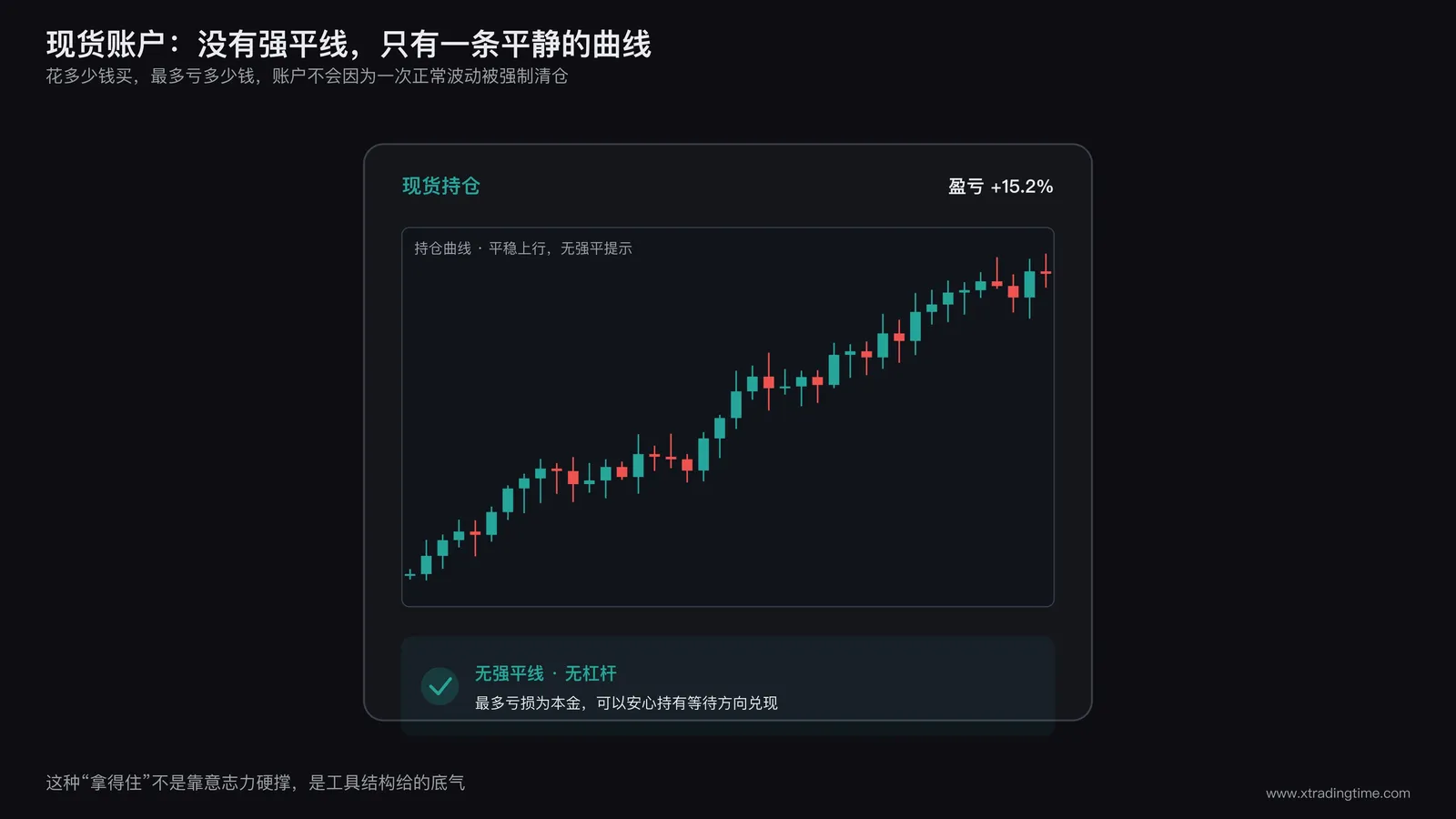 现货账户的持仓界面,没有强平线提示,只有一条平静的持仓曲线